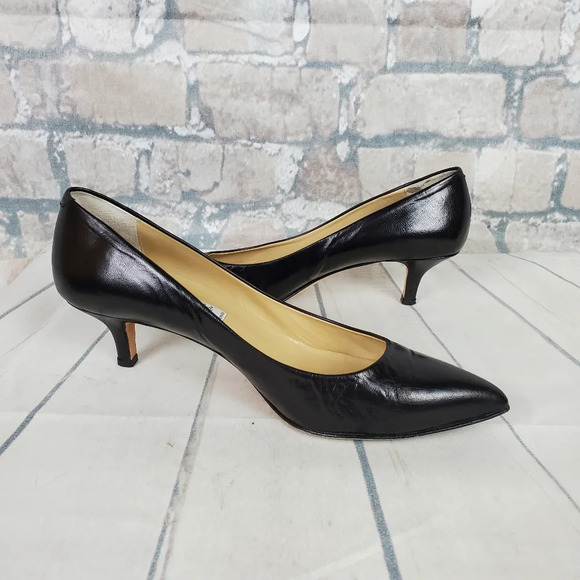 Vintage Italian Leather Kitten Heels Black Leather Pointed Toe Size 40 1/2=9-9.5 - Picture 1 of 15